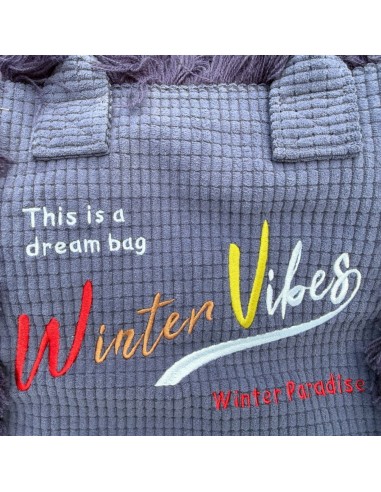 Sac cabas en velours côtelé frangé brodé « Winter Vibes »