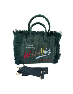 Sac cabas en velours côtelé frangé brodé « Winter Vibes »