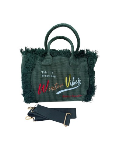Sac cabas en velours côtelé frangé brodé « Winter Vibes »