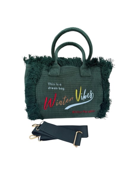 Sac cabas en velours côtelé frangé brodé « Winter Vibes »