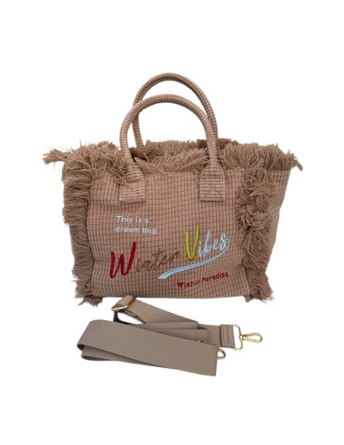 Sac cabas en velours côtelé frangé brodé « Winter Vibes »
