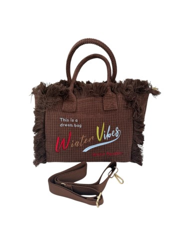 Sac cabas en velours côtelé frangé brodé « Winter Vibes »