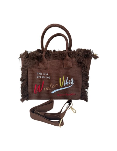 Sac cabas en velours côtelé frangé brodé « Winter Vibes »