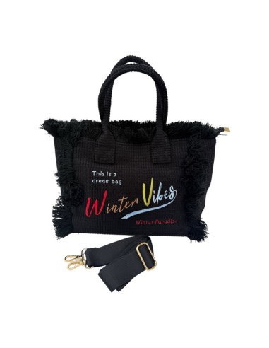 Sac cabas en velours côtelé frangé brodé « Winter Vibes »