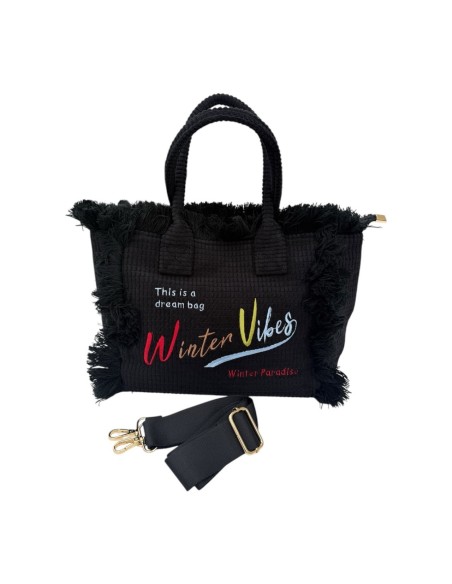 Sac cabas en velours côtelé frangé brodé « Winter Vibes »