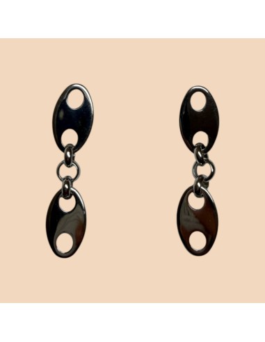 Boucles d'oreilles argentées pendantes maillons grain de café en acier inoxydable