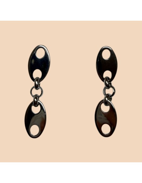 Boucles d'oreilles argentées pendantes maillons grain de café en acier inoxydable
