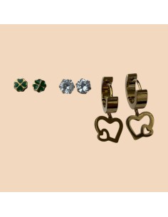 Set de 3 paires de boucles d'oreilles en acier inoxydable (Trèfles, Strass et Créoles Cœurs)