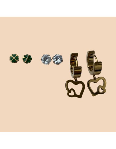 Set de 3 paires de boucles d'oreilles en acier inoxydable (Trèfles, Strass et Créoles Cœurs)