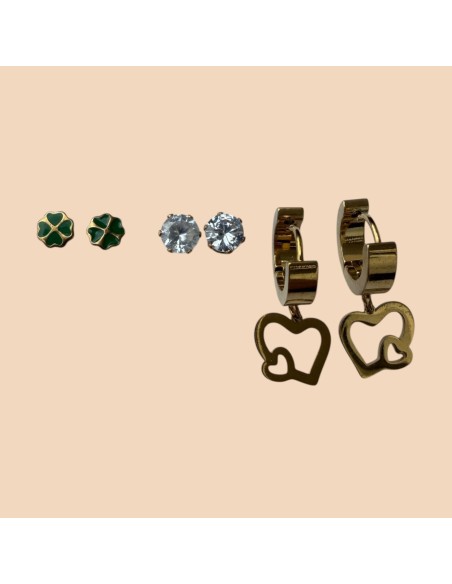 Set de 3 paires de boucles d'oreilles en acier inoxydable (Trèfles, Strass et Créoles Cœurs)
