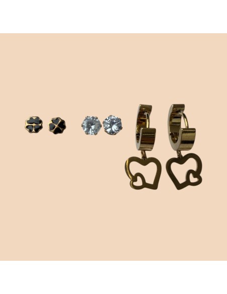 Set de 3 paires de boucles d'oreilles en acier inoxydable (Trèfles, Strass et Créoles Cœurs)