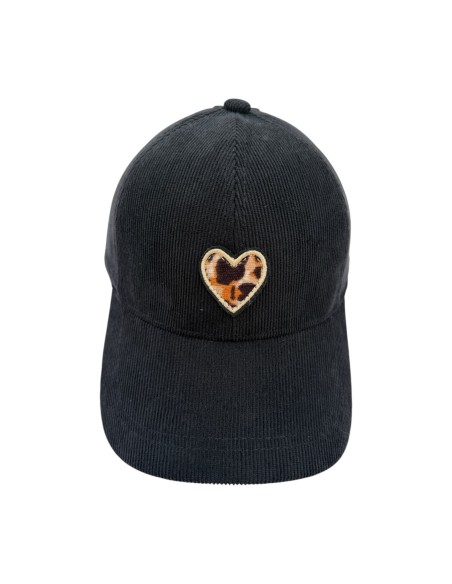 Casquette en velours côtelé avec patch cœur léopard