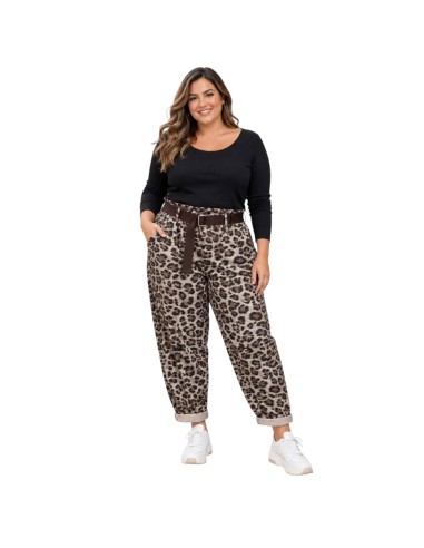 Pantalon carotte taille haute à imprimé léopard et ceinture en toile - Taille unique grande taille (du 42/44 au 50/52)