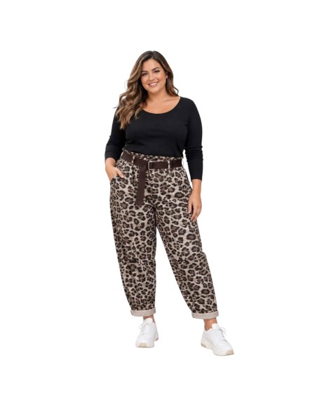 Pantalon carotte taille haute à imprimé léopard et ceinture en toile - Taille unique grande taille (du 42/44 au 50/52)