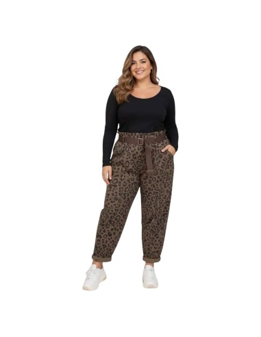 Pantalon carotte taille haute à imprimé léopard et ceinture en toile - Taille unique grande taille (du 42/44 au 50/52)