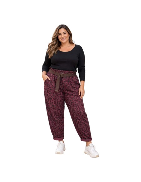 Pantalon carotte taille haute à imprimé léopard et ceinture en toile - Taille unique grande taille (du 42/44 au 50/52)
