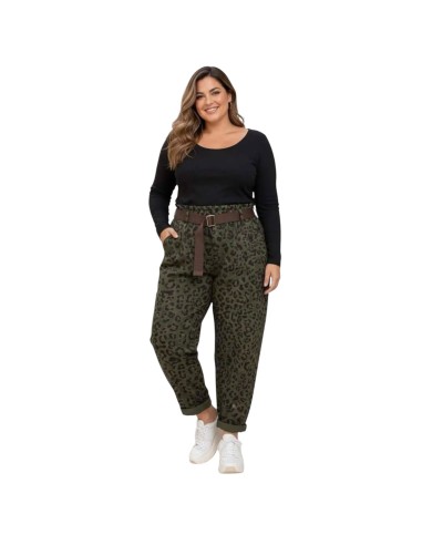 Pantalon carotte taille haute à imprimé léopard et ceinture en toile - Taille unique grande taille (du 42/44 au 50/52)