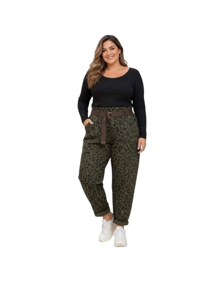Pantalon carotte taille haute à imprimé léopard et ceinture en toile - Taille unique grande taille (du 42/44 au 50/52)