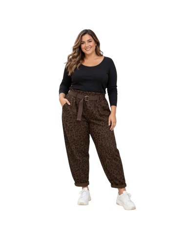 Pantalon carotte taille haute à imprimé léopard et ceinture en toile - Taille unique grande taille (du 42/44 au 50/52)