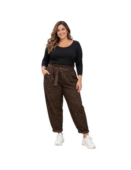 Pantalon carotte taille haute à imprimé léopard et ceinture en toile - Taille unique grande taille (du 42/44 au 50/52)