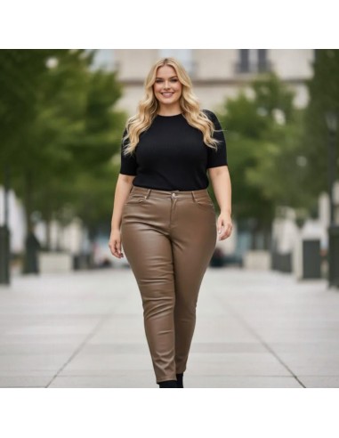 Pantalon ajusté taupe en similicuir taille haute - Taillé