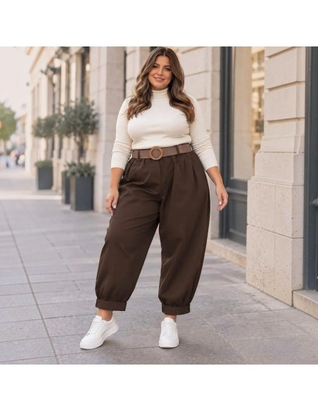 Pantalon carotte taille haute avec ceinture bicolore à boucle ronde - Taille unique grande taille (du 42/44 au 50/52)