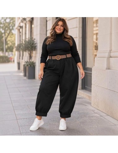 Pantalon carotte taille haute avec ceinture bicolore à boucle ronde - Taille unique grande taille (du 42/44 au 50/52)
