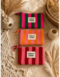 Pochette rayée « Cherche pas j'ai raison » - Pochette zippée tendance - Plusieurs coloris