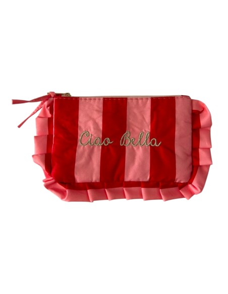 Pochette « Ciao Bella » - Pochette rayée rouge & rose à volants
