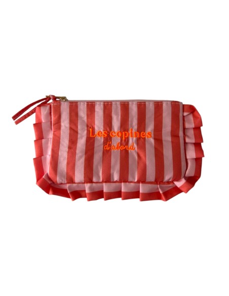 Pochette « Les copines d'abord » - Pochette rayée rouge & rose à volants