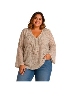 Blouse manches longues femme à dentelles avec sa doublure - Col V - Taille unique grande taille (du 42/44 au 50/52)
