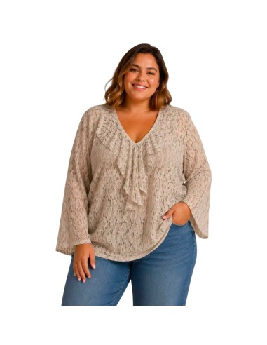 Blouse manches longues femme à dentelles avec sa doublure - Col V - Taille unique grande taille (du 42/44 au 50/52)