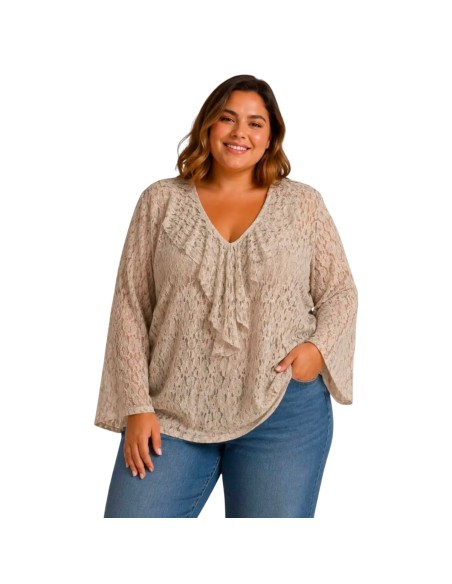Blouse manches longues femme à dentelles avec sa doublure - Col V - Taille unique grande taille (du 42/44 au 50/52)