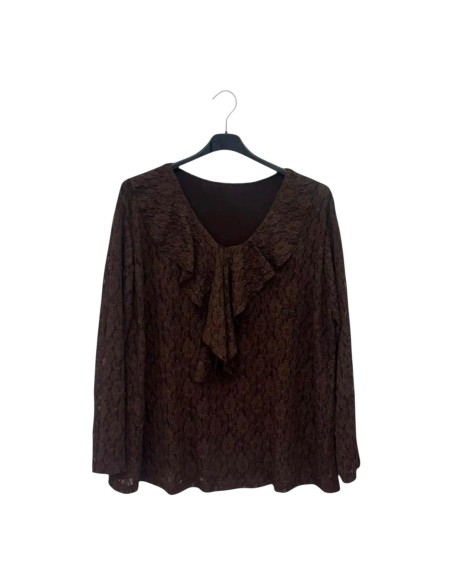 Blouse manches longues femme à dentelles avec sa doublure - Col V - Taille unique grande taille (du 42/44 au 50/52)