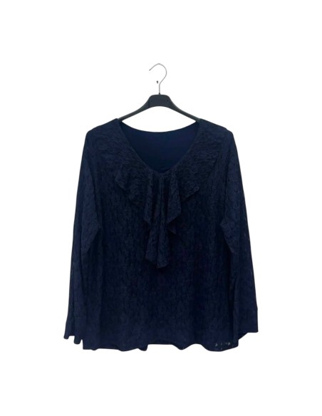 Blouse manches longues femme à dentelles avec sa doublure - Col V - Taille unique grande taille (du 42/44 au 50/52)