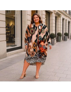 Robe chemise femme imprimée graphique - Taille unique grande taille (du 42/44 au 50/52) - Robe fluide manches longues