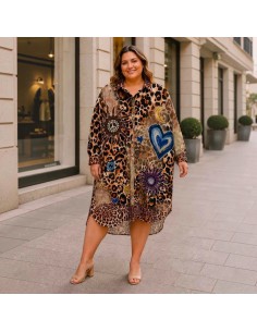 Robe chemise femme grande taille imprimé léopard - Robe fluide manches longues - Tailles uniques (du 42/44 au 50/52)