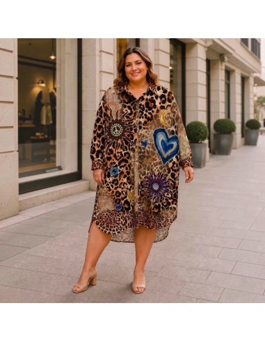 Robe chemise femme grande taille imprimé léopard - Robe fluide manches longues - Tailles uniques (du 42/44 au 50/52)