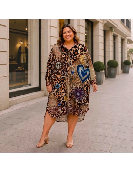Robe chemise femme grande taille imprimé léopard - Robe fluide manches longues - Tailles uniques (du 42/44 au 50/52)