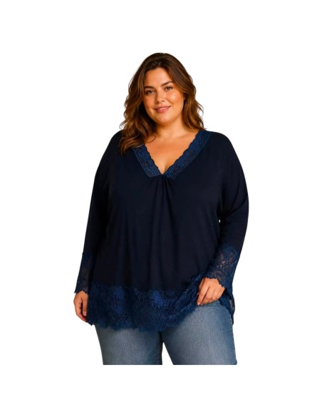 T-shirt rouleau femme grande taille manches longues - Col V dentelle - Taille unique grande taille (du 42/44 au 50/52)