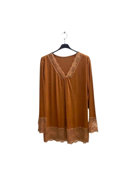 T-shirt rouleau femme grande taille manches longues - Col V dentelle - Taille unique grande taille (du 42/44 au 50/52)