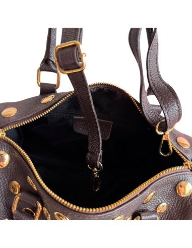 Sac à main femme en cuir véritable chocolat - Détails clous dorés