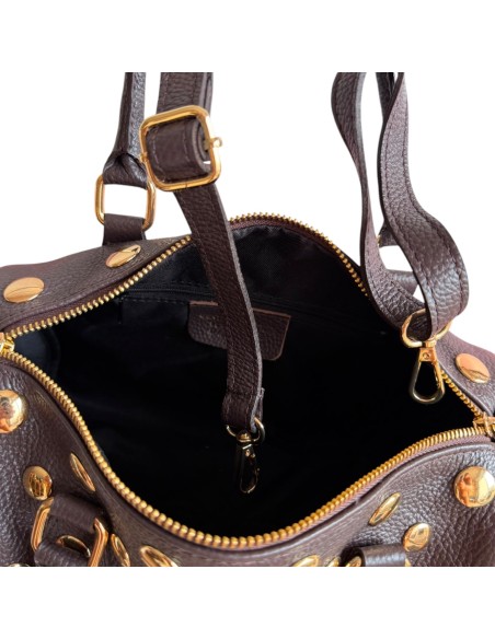 Sac à main femme en cuir véritable chocolat - Détails clous dorés