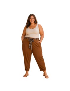Pantalon femme Taupe fluide taillé - Ceinture à nouer léopard