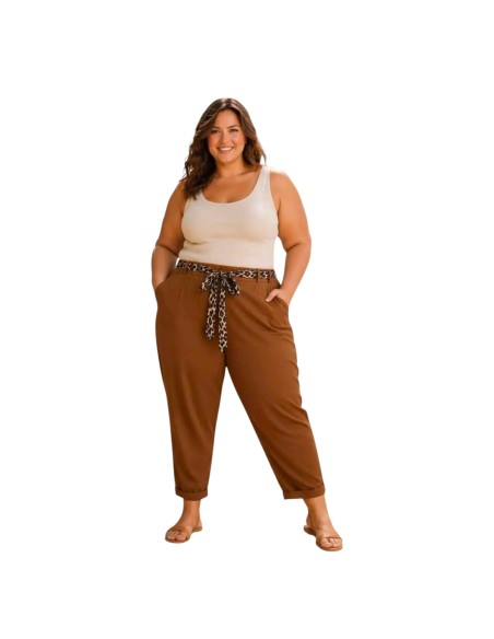 Pantalon femme Taupe fluide taillé - Ceinture à nouer léopard