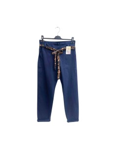 Pantalon femme Marine fluide taillé - Ceinture à nouer léopard