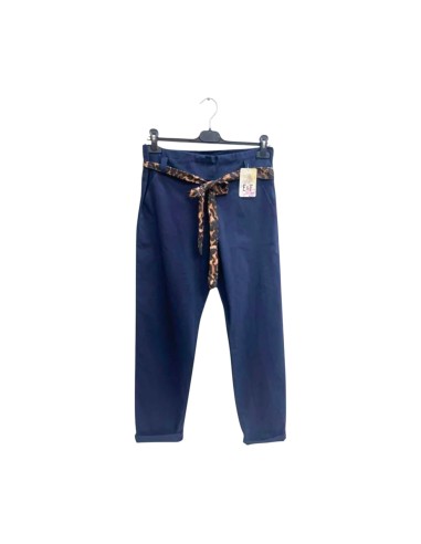 Pantalon femme Marine fluide taillé - Ceinture à nouer léopard