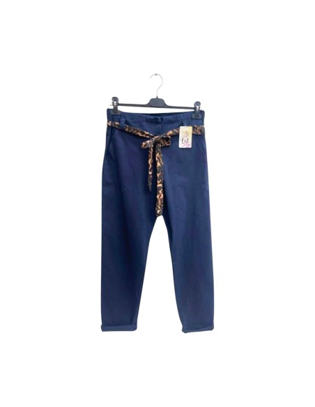 Pantalon femme Marine fluide taillé - Ceinture à nouer léopard