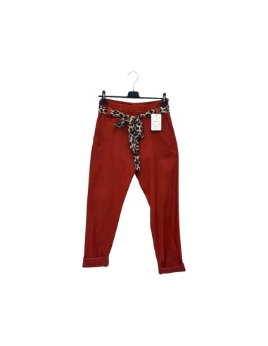 Pantalon femme Rouille fluide taillé - Ceinture à nouer léopard