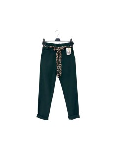 Pantalon femme Vert sapin fluide taillé - Ceinture à nouer léopard
